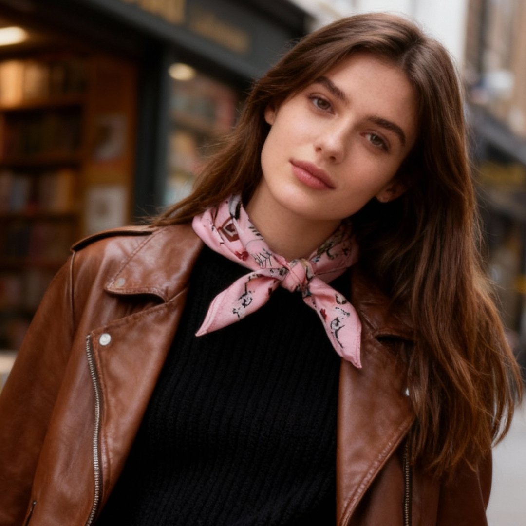 Yogis Cat and Flower Pink Field Silky Scarf (45cm)