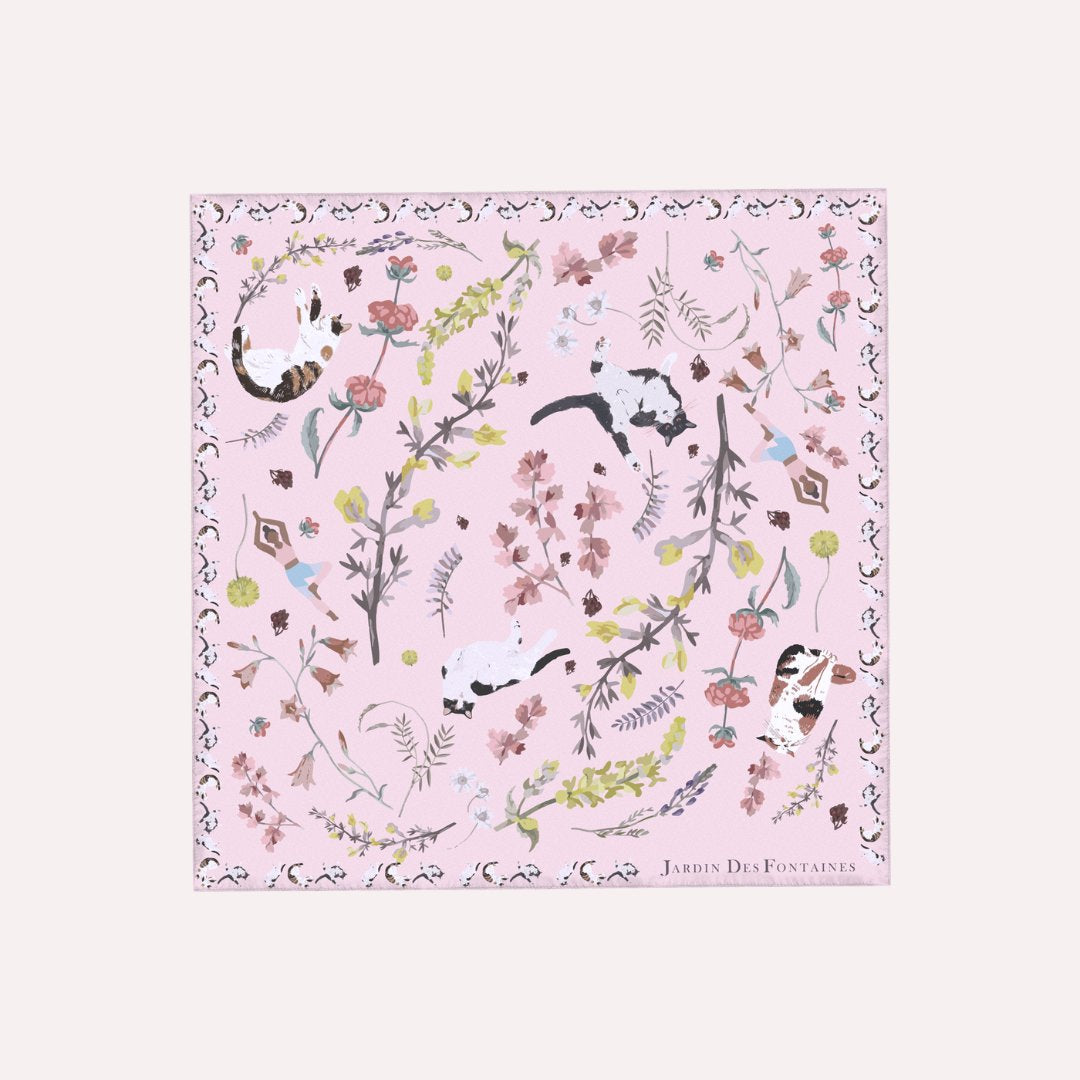 Yogis Cat and Flower Pink Field Silky Scarf (45cm)