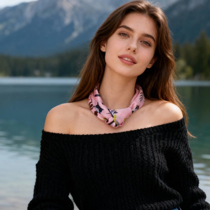 Yogis Cat and Flower Pink Field Silky Scarf (45cm)