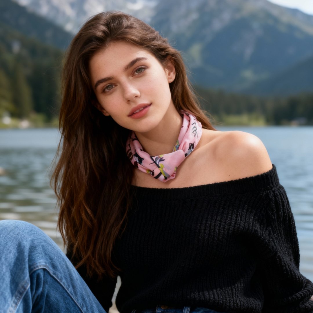 Yogis Cat and Flower Pink Field Silky Scarf (45cm)