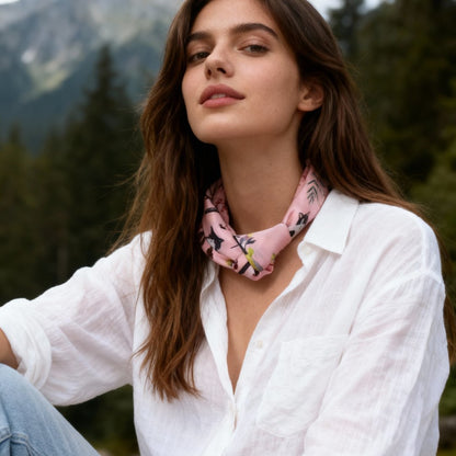 Yogis Cat and Flower Pink Field Silky Scarf (45cm)