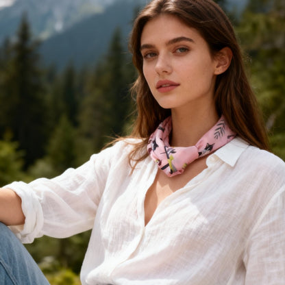 Yogis Cat and Flower Pink Field Silky Scarf (45cm)