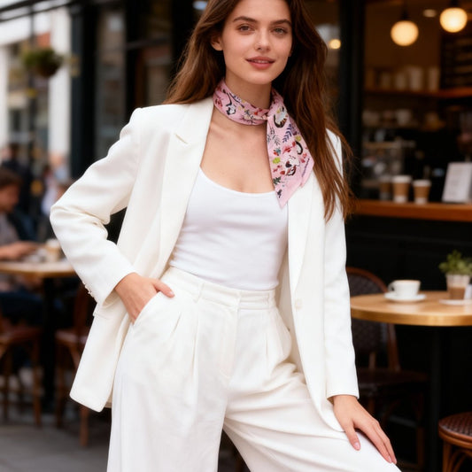 Yogis Cat and Flower Pink Field Twilly Silky Scarf (105cm)