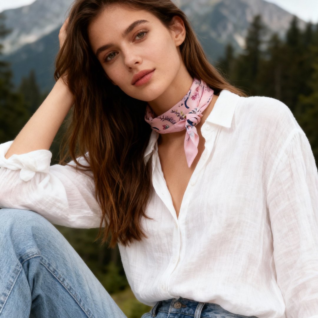 Yogis Cat and Flower Pink Field Twilly Silky Scarf (105cm)