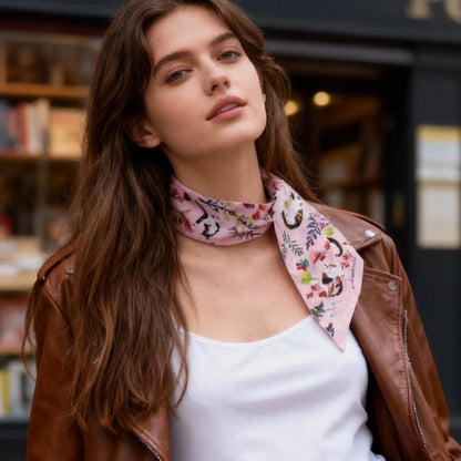 Yogis Cat and Flower Pink Field Twilly Silky Scarf (105cm)