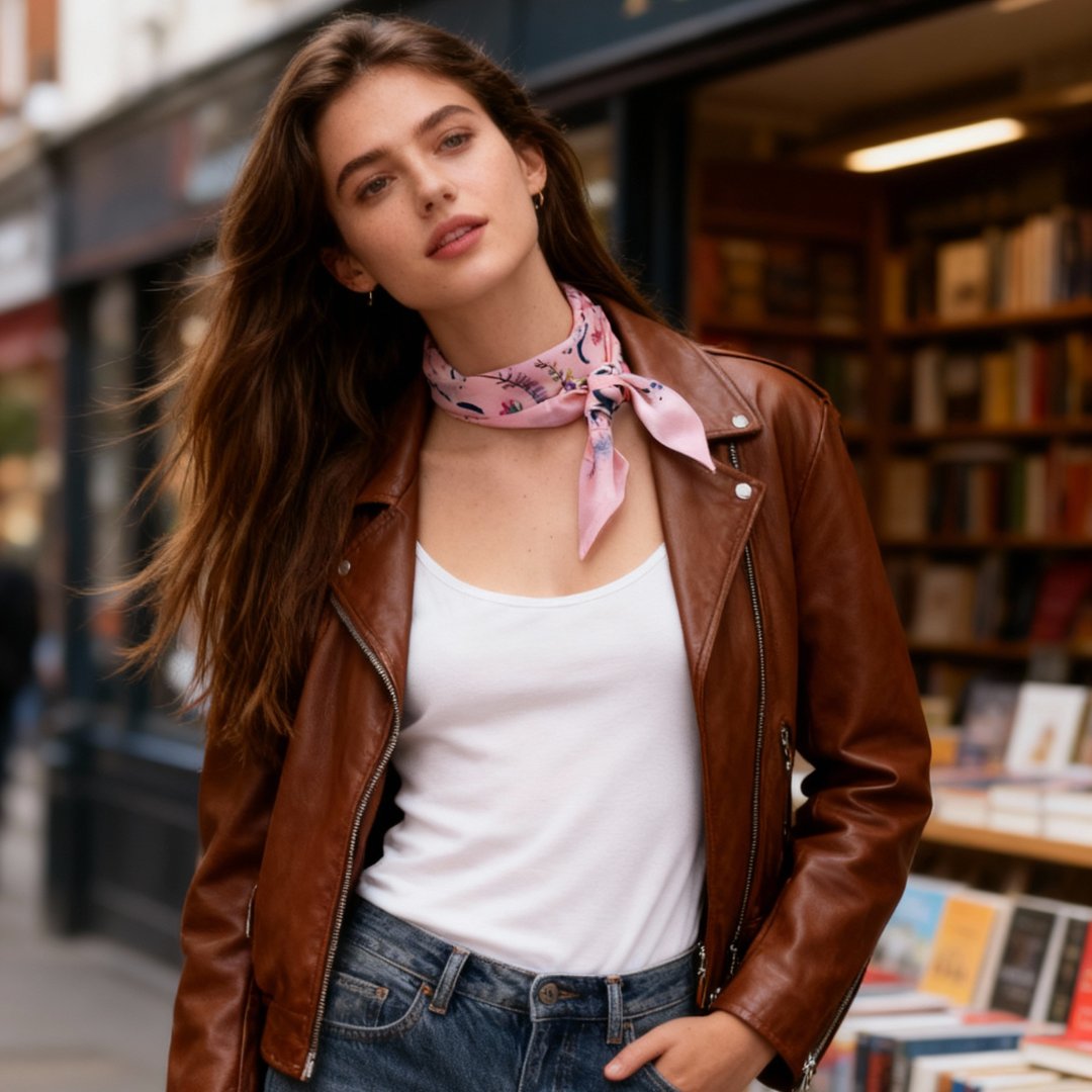 Yogis Cat and Flower Pink Field Twilly Silky Scarf (105cm)