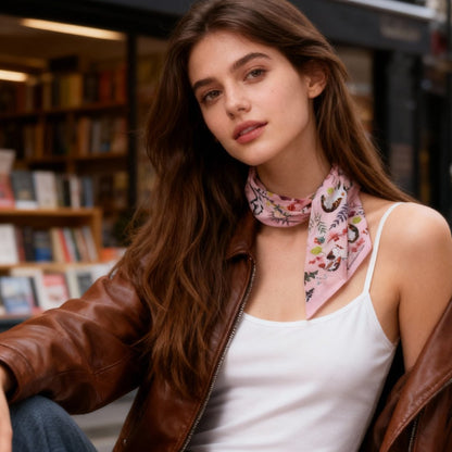 Yogis Cat and Flower Pink Field Twilly Silky Scarf (105cm)