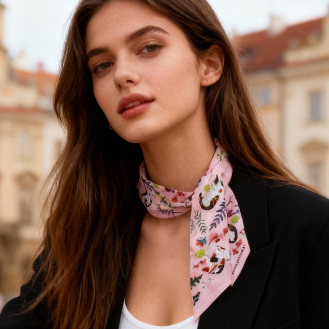 Yogis Cat and Flower Pink Field Twilly Silky Scarf (105cm)