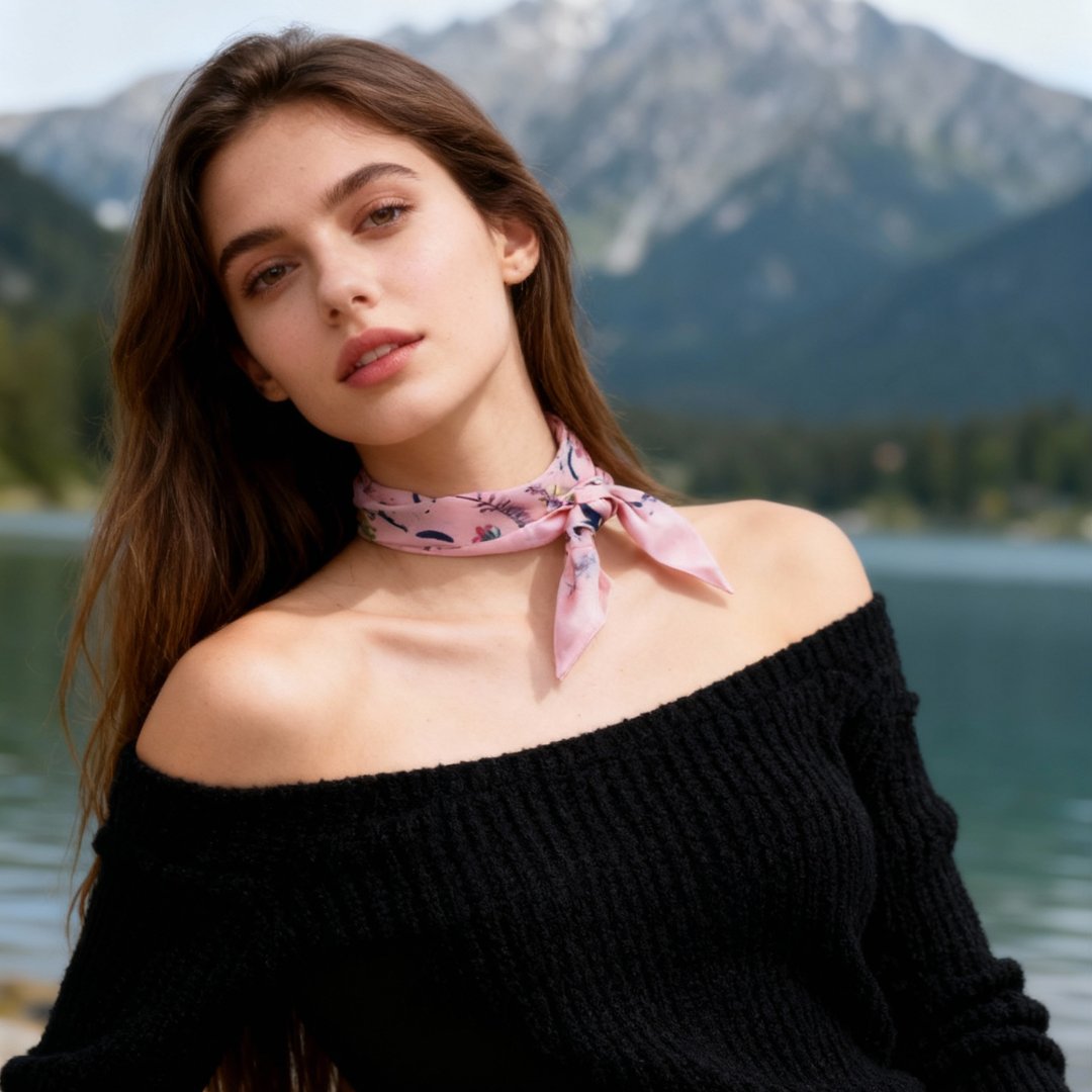 Yogis Cat and Flower Pink Field Twilly Silky Scarf (105cm)