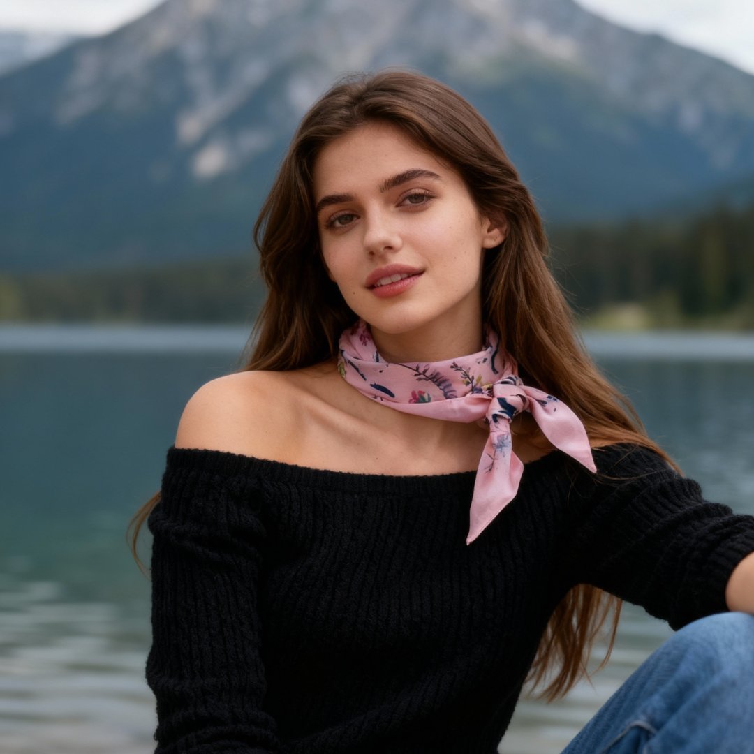 Yogis Cat and Flower Pink Field Twilly Silky Scarf (105cm)