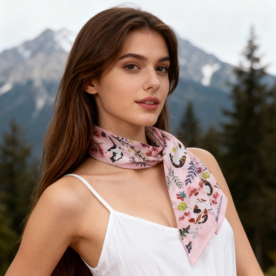 Yogis Cat and Flower Pink Field Twilly Silky Scarf (105cm)