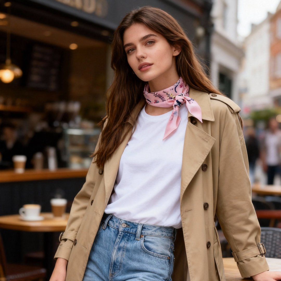 Yogis Cat and Flower Pink Field Twilly Silky Scarf (105cm)