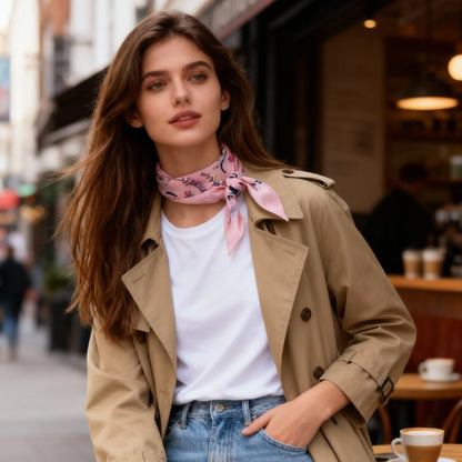 Yogis Cat and Flower Pink Field Twilly Silky Scarf (105cm)