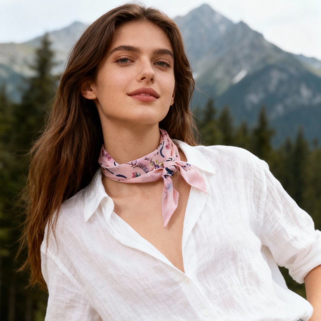 Yogis Cat and Flower Pink Field Twilly Silky Scarf (105cm)