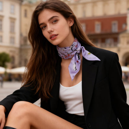 Yogis Cat and Flower Purple Field Twilly Silky Scarf (105cm)