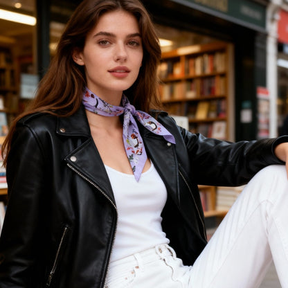 Yogis Cat and Flower Purple Field Twilly Silky Scarf (105cm)