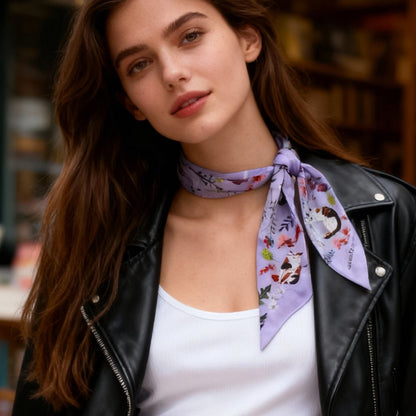 Yogis Cat and Flower Purple Field Twilly Silky Scarf (105cm)
