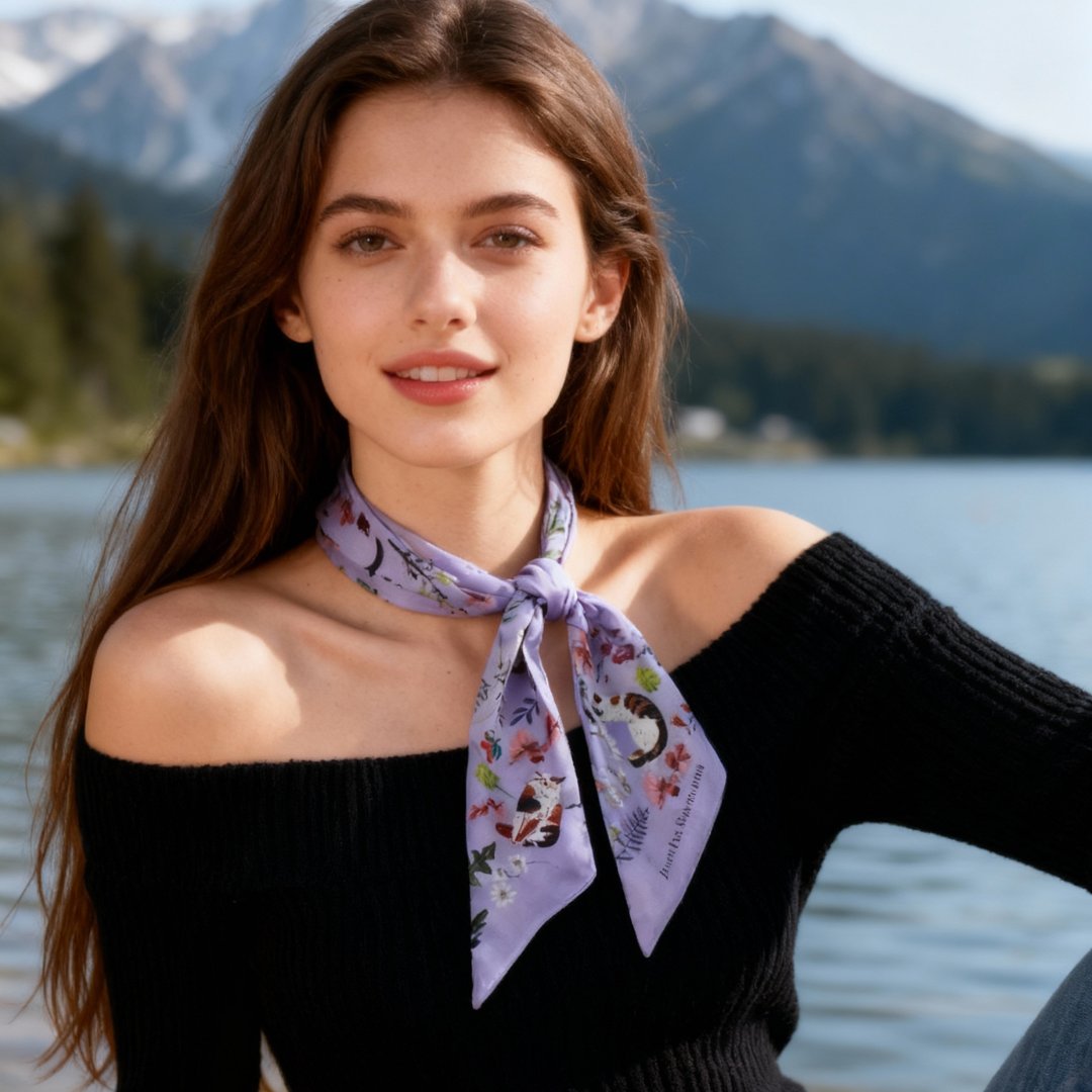 Yogis Cat and Flower Purple Field Twilly Silky Scarf (105cm)