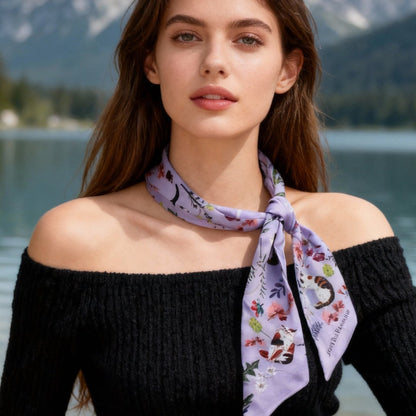 Yogis Cat and Flower Purple Field Twilly Silky Scarf (105cm)