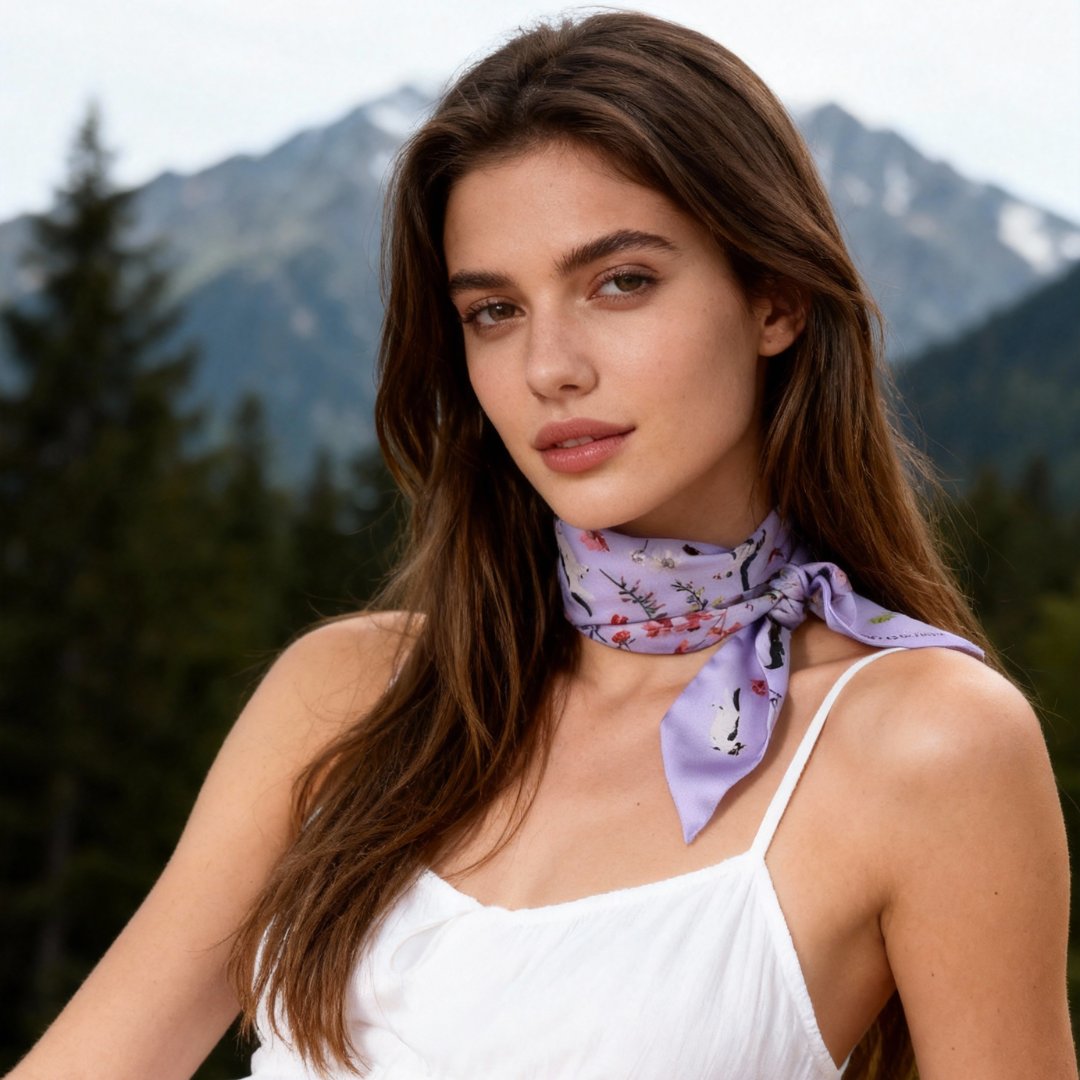 Yogis Cat and Flower Purple Field Twilly Silky Scarf (105cm)