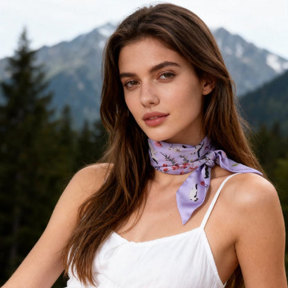 Yogis Cat and Flower Purple Field Twilly Silky Scarf (105cm)