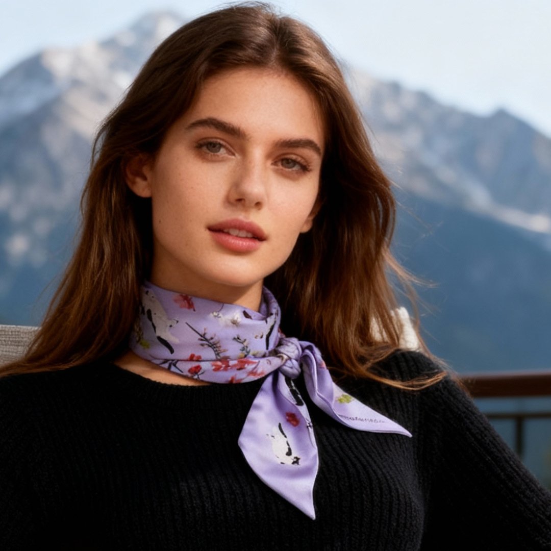 Yogis Cat and Flower Purple Field Twilly Silky Scarf (105cm)