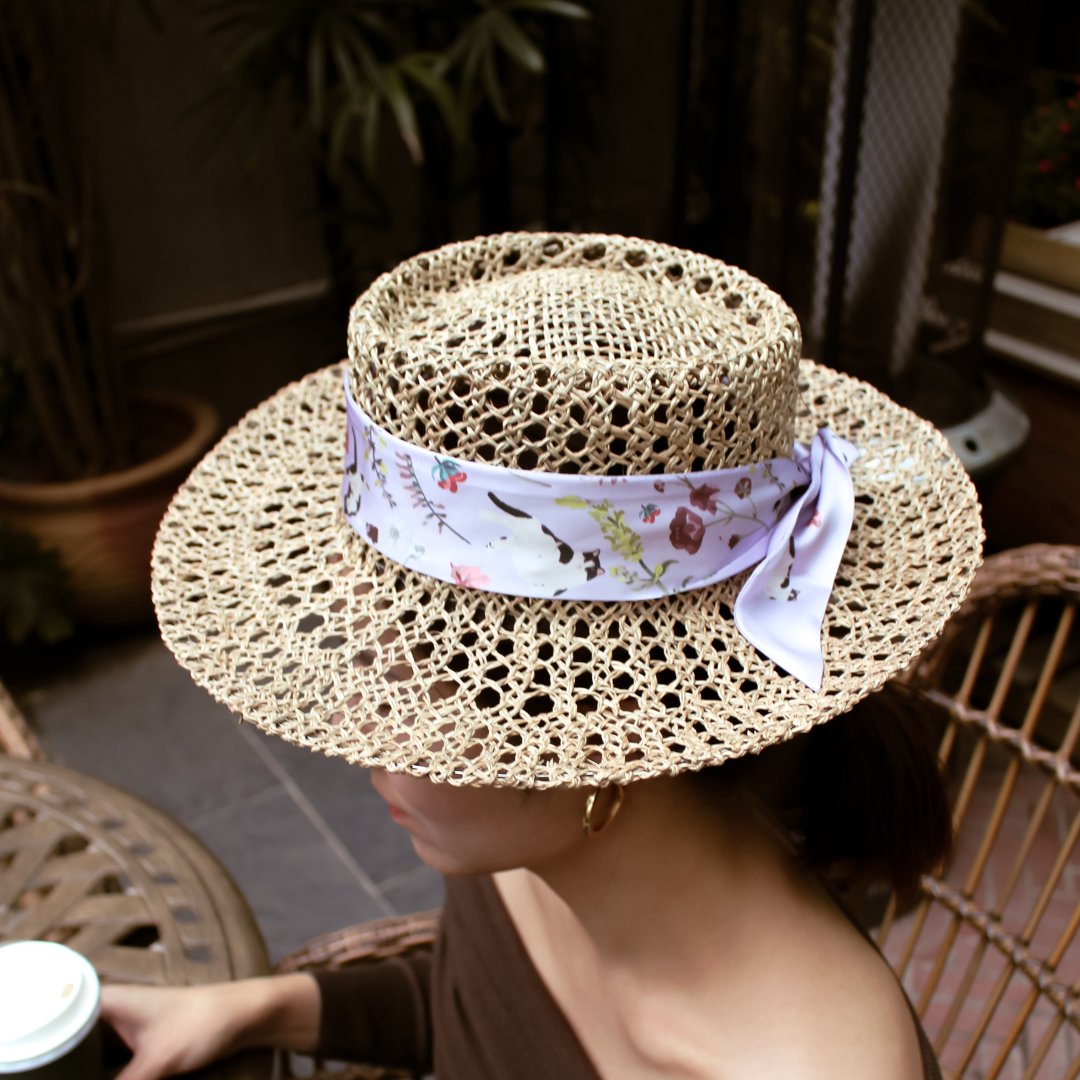 Yogis Cat and Flower Purple Field Twilly Silky Scarf (105cm)