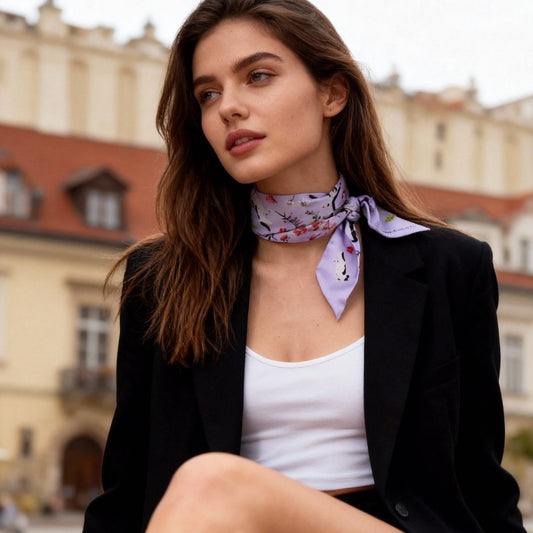 Yogis Cat and Flower Purple Field Twilly Silky Scarf (105cm)