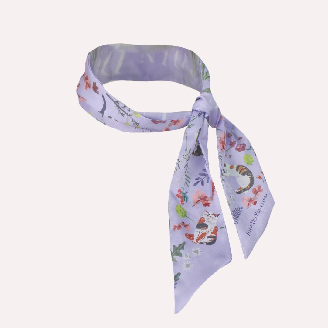 Yogis Cat and Flower Purple Field Twilly Silky Scarf (105cm)