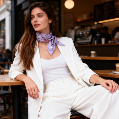 Yogis Cat and Flower Purple Field Twilly Silky Scarf (105cm)