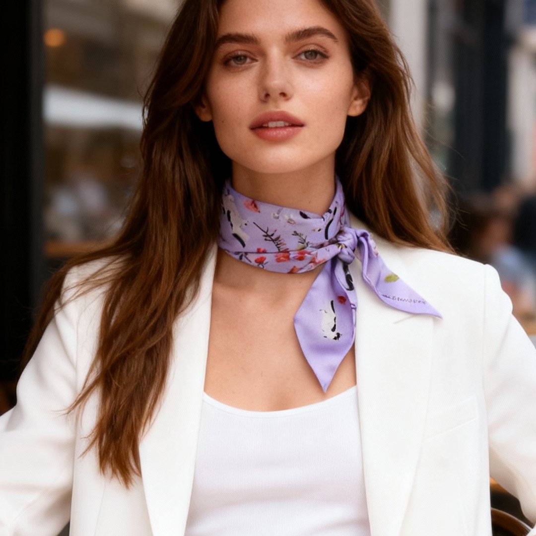 Yogis Cat and Flower Purple Field Twilly Silky Scarf (105cm)