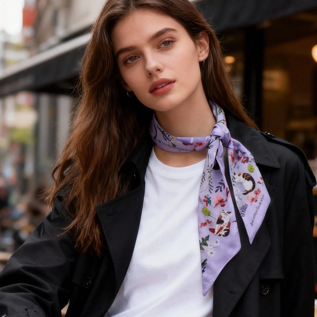 Yogis Cat and Flower Purple Field Twilly Silky Scarf (105cm)