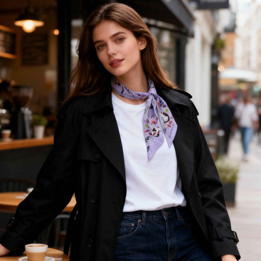 Yogis Cat and Flower Purple Field Twilly Silky Scarf (105cm)