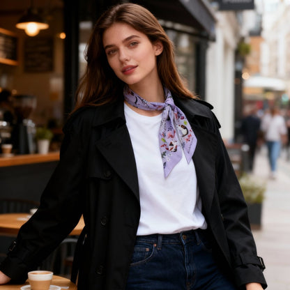 Yogis Cat and Flower Purple Field Twilly Silky Scarf (105cm)