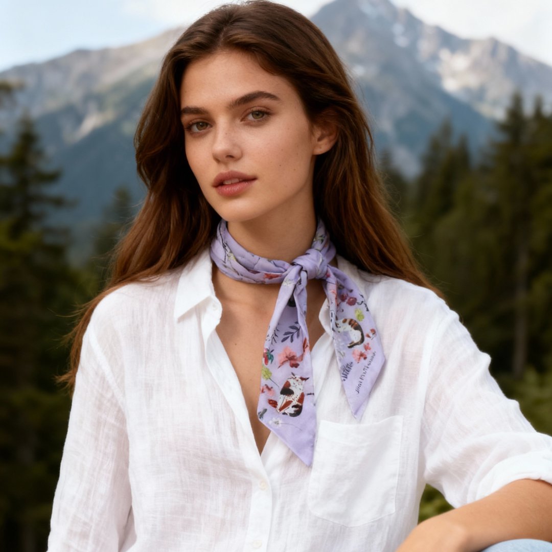 Yogis Cat and Flower Purple Field Twilly Silky Scarf (105cm)