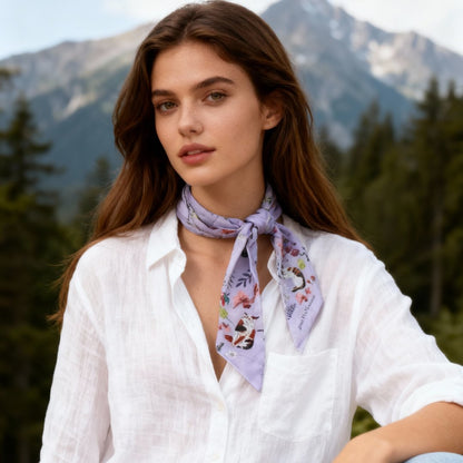 Yogis Cat and Flower Purple Field Twilly Silky Scarf (105cm)