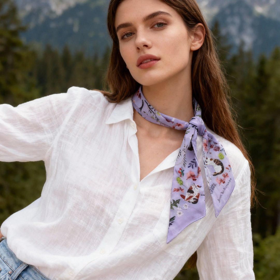 Yogis Cat and Flower Purple Field Twilly Silky Scarf (105cm)