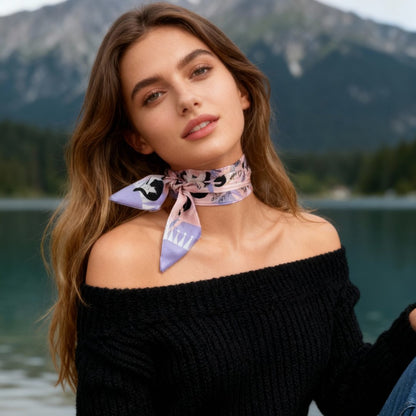 Yogis Cat and Flower Pink and Purple Twilly Silky Scarf (105cm)