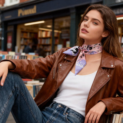 Yogis Cat and Flower Pink and Purple Twilly Silky Scarf (105cm)