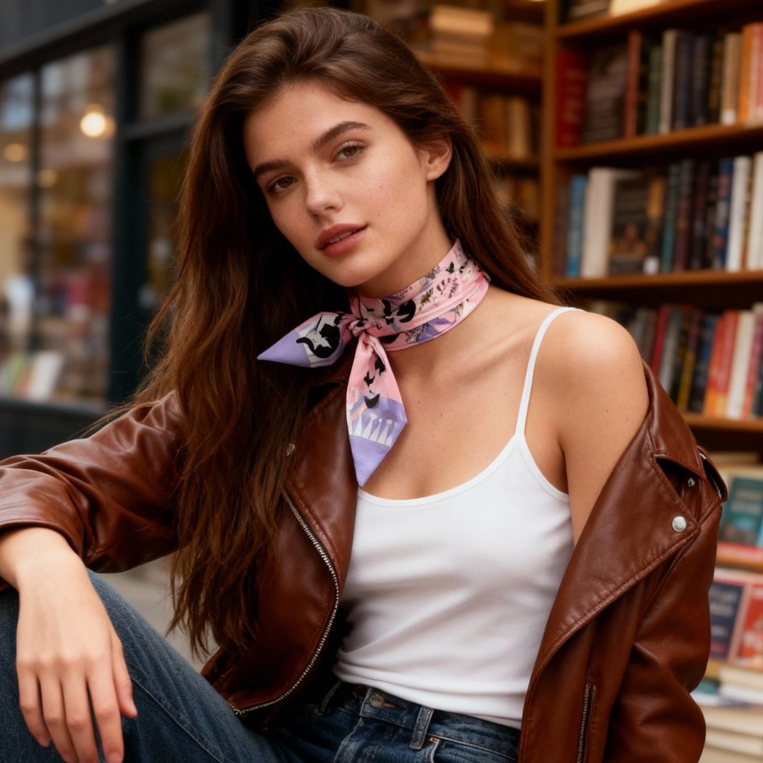 Yogis Cat and Flower Pink and Purple Twilly Silky Scarf (105cm)