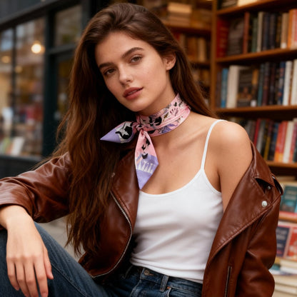 Yogis Cat and Flower Pink and Purple Twilly Silky Scarf (105cm)