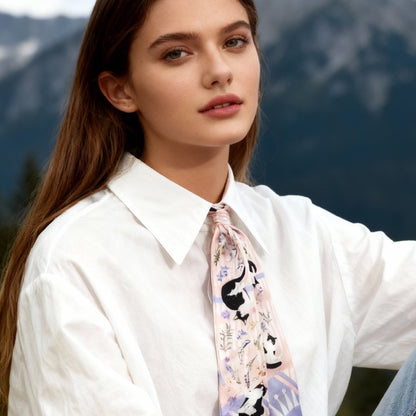 Yogis Cat and Flower Pink and Purple Twilly Silky Scarf (105cm)