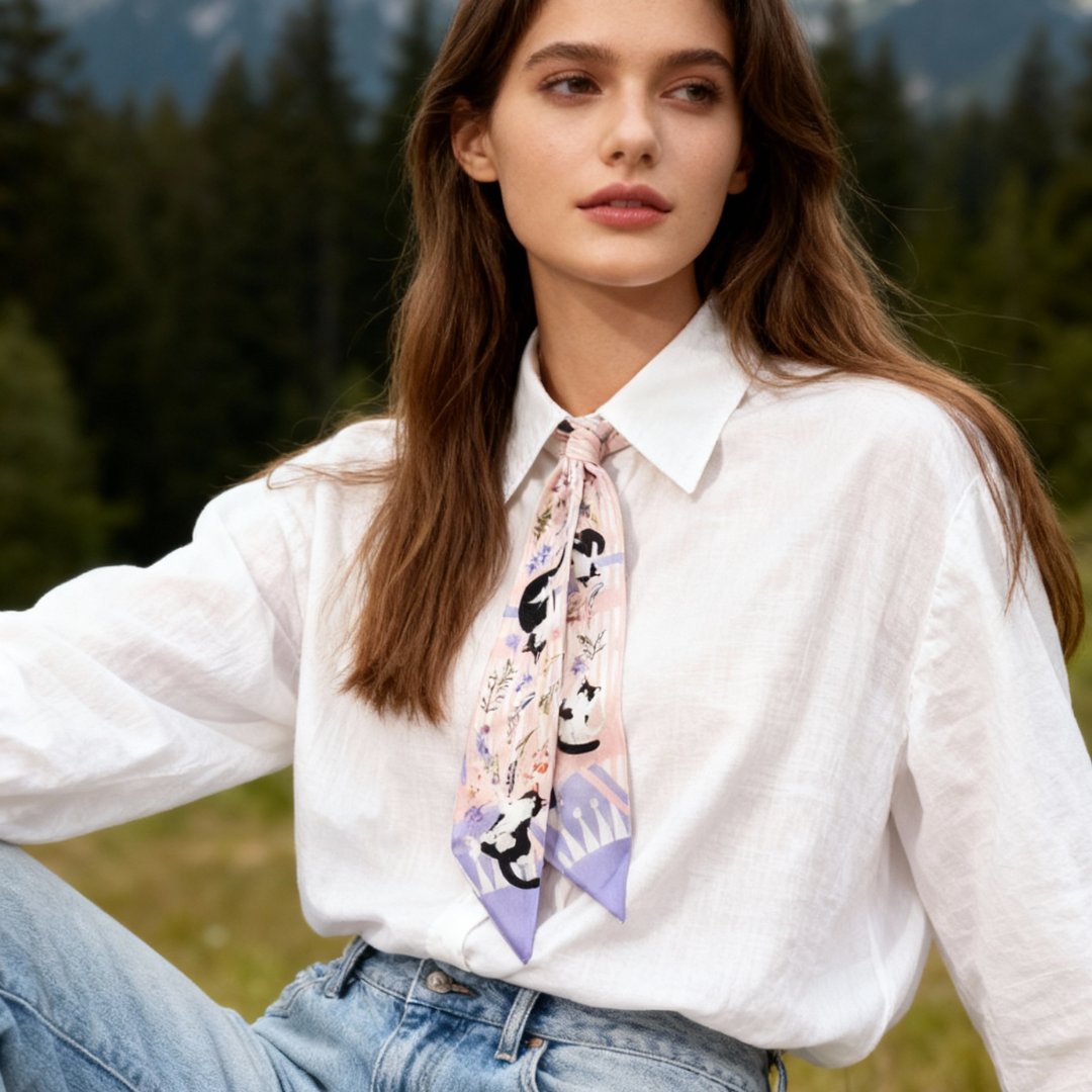 Yogis Cat and Flower Pink and Purple Twilly Silky Scarf (105cm)