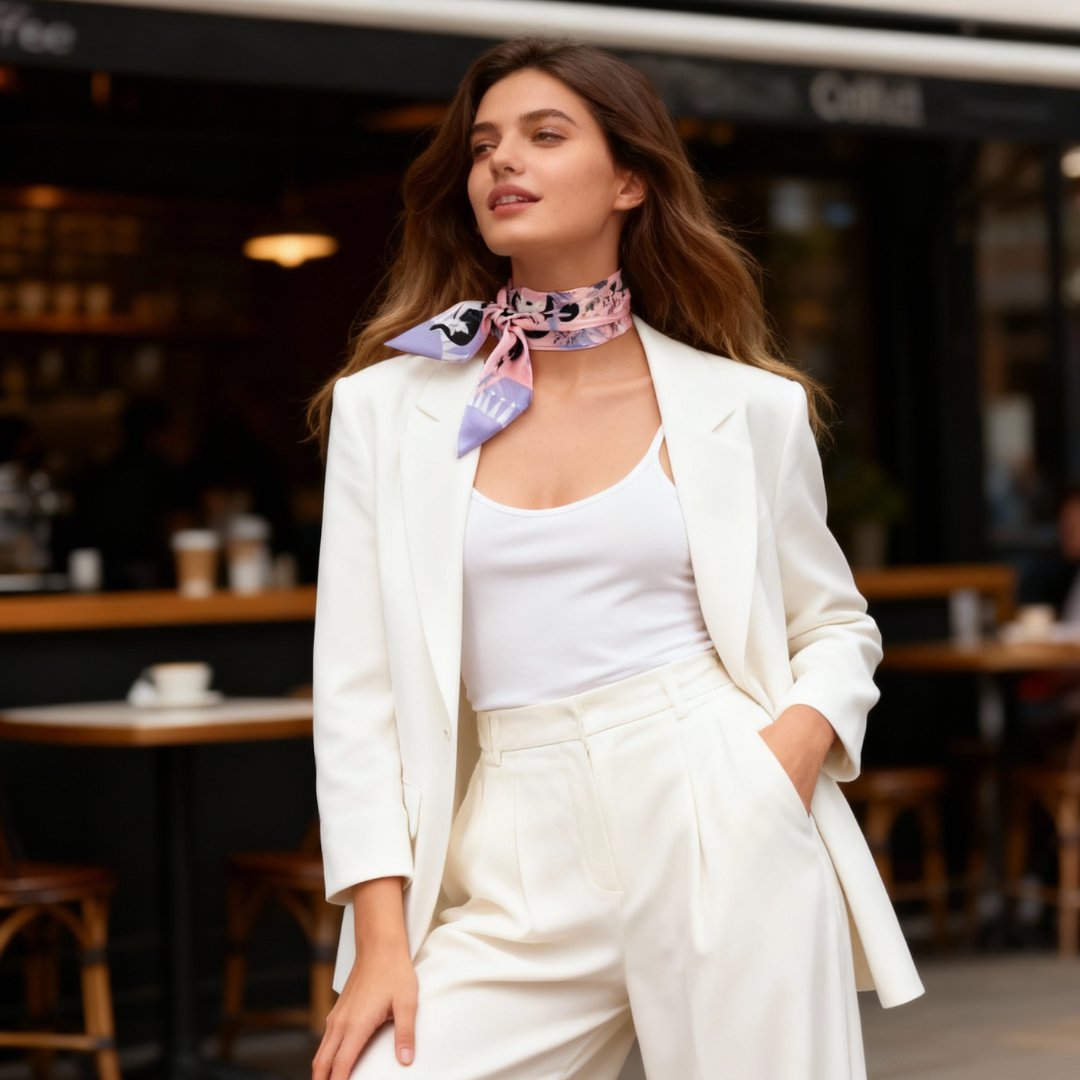 Yogis Cat and Flower Pink and Purple Twilly Silky Scarf (105cm)