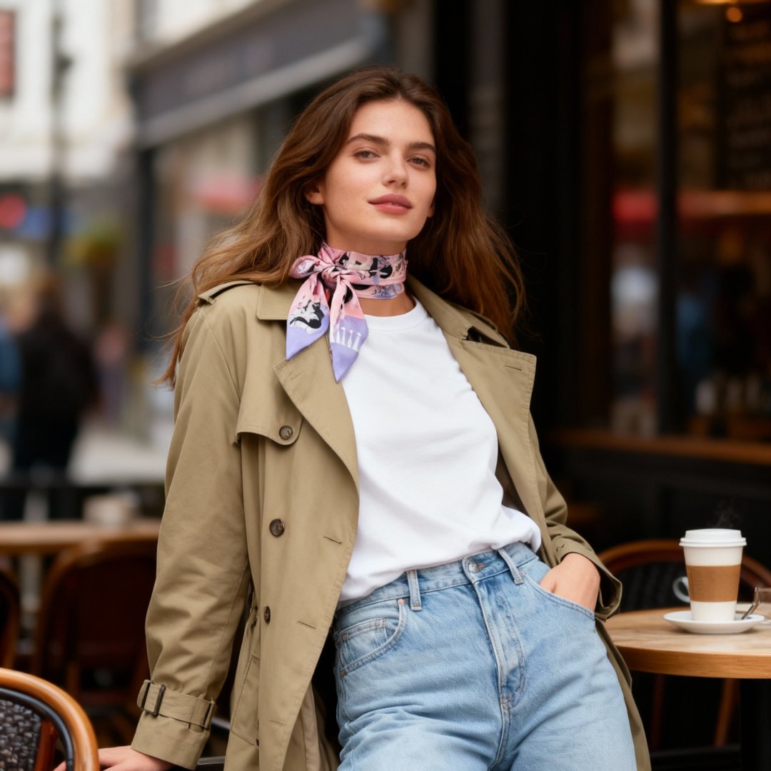 Yogis Cat and Flower Pink and Purple Twilly Silky Scarf (105cm)