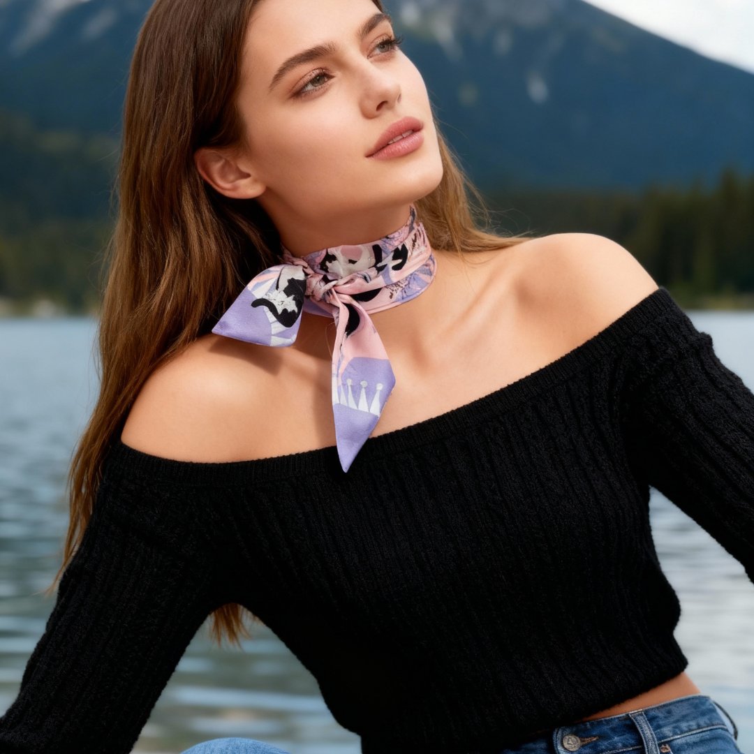 Yogis Cat and Flower Pink and Purple Twilly Silky Scarf (105cm)