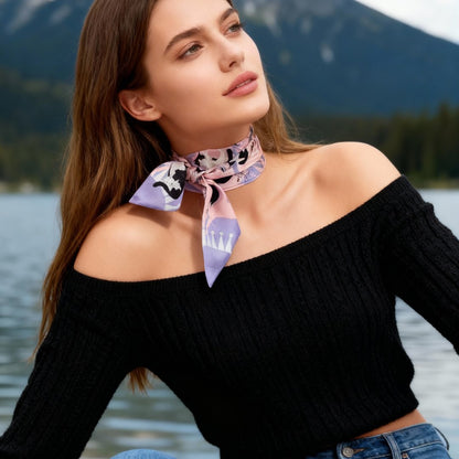 Yogis Cat and Flower Pink and Purple Twilly Silky Scarf (105cm)