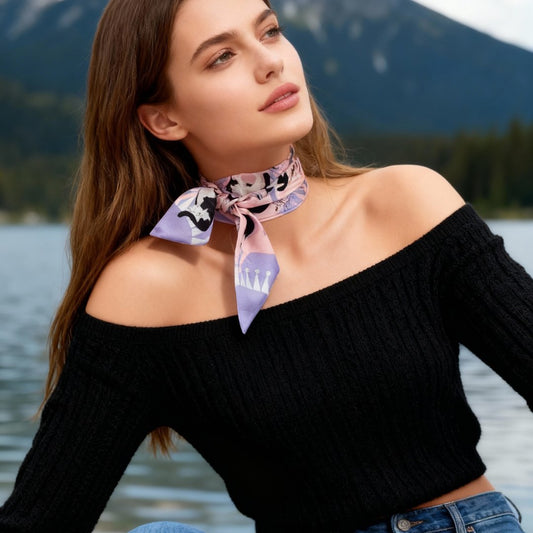 Yogis Cat and Flower Pink and Purple Twilly Silky Scarf (105cm)