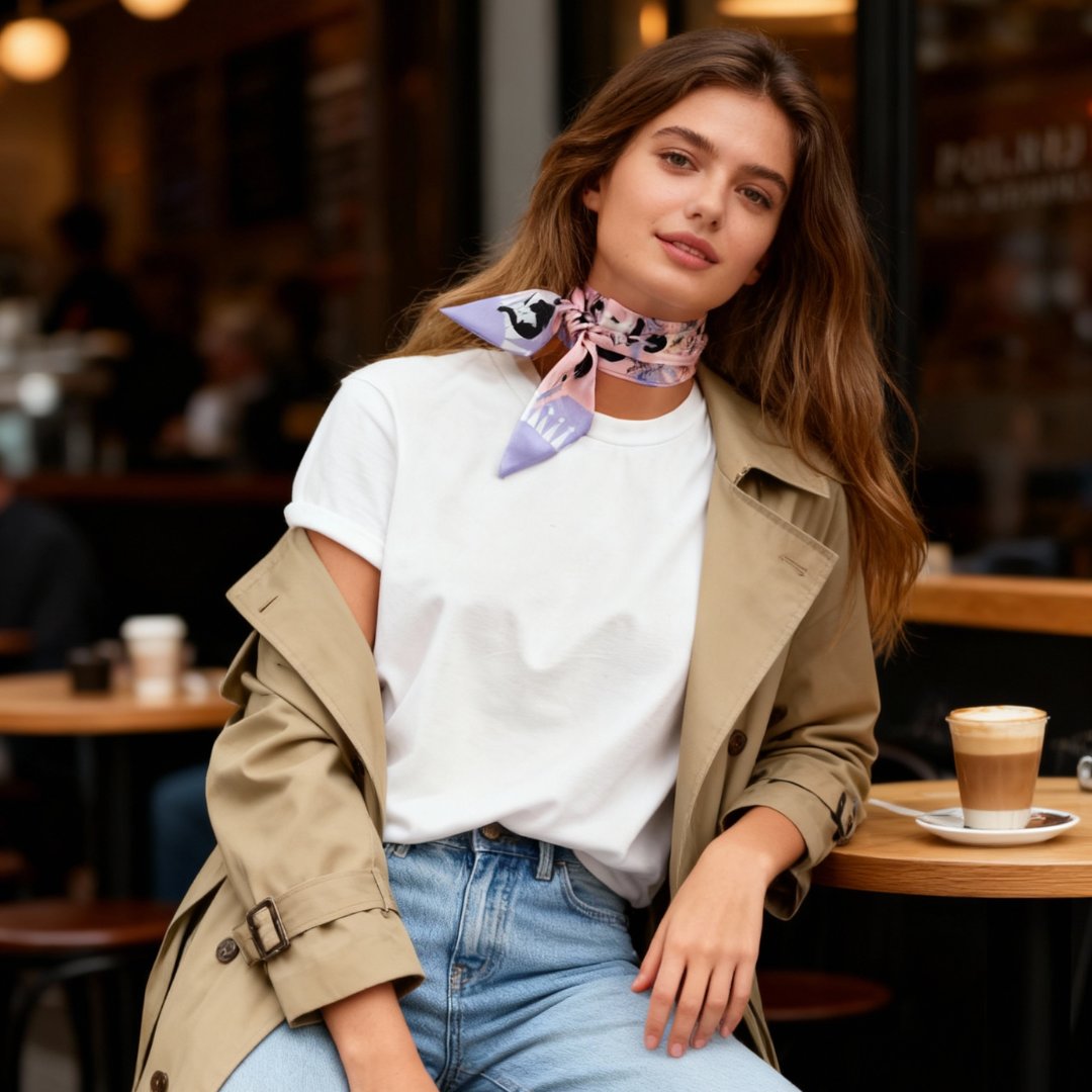 Yogis Cat and Flower Pink and Purple Twilly Silky Scarf (105cm)