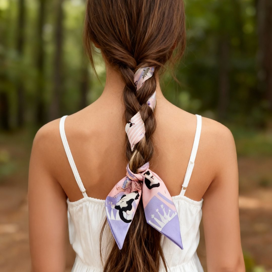 Yogis Cat and Flower Pink and Purple Twilly Silky Scarf (105cm)